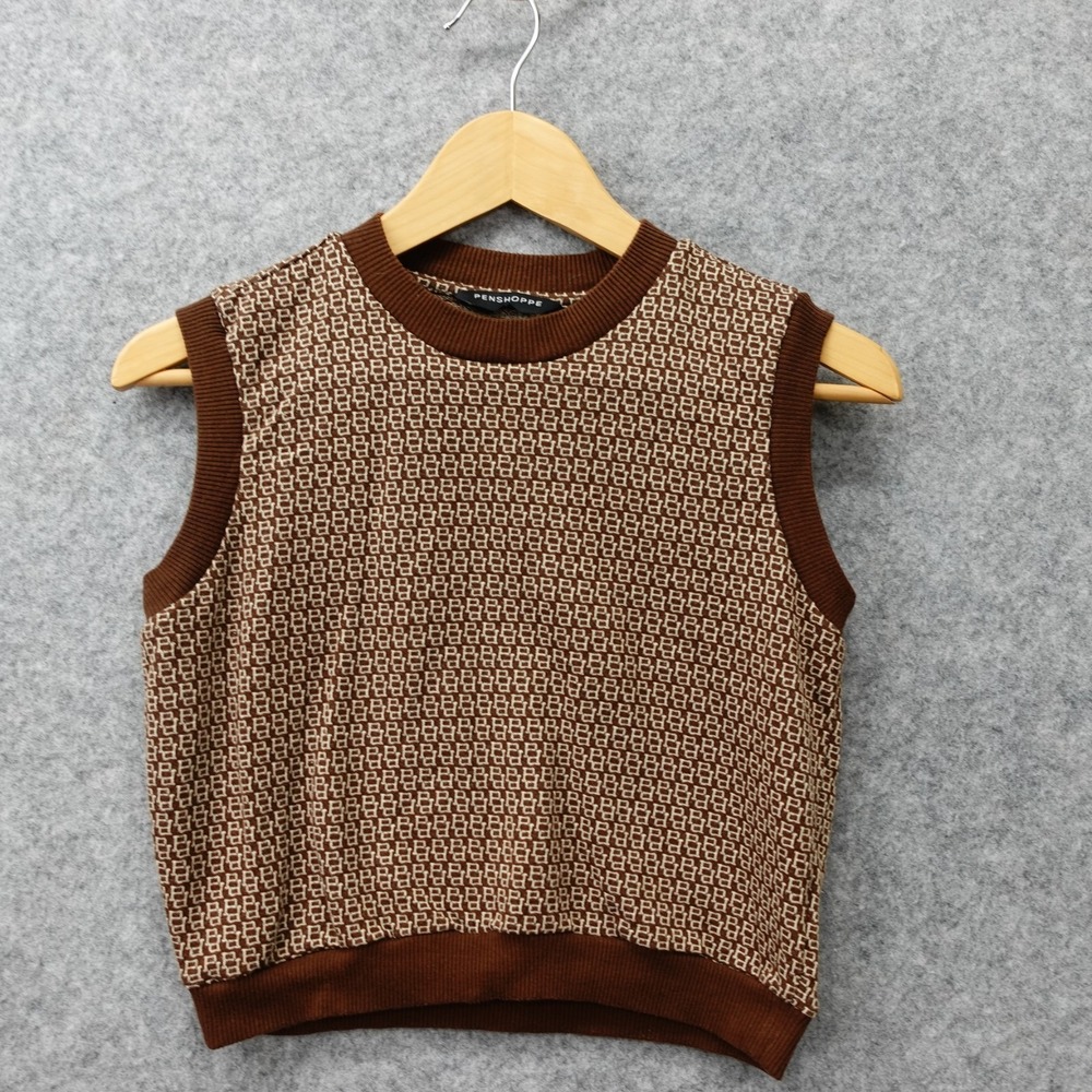 Crop Sweater Vest Women XS Mocha Brown Monogram Y2K Prep Dark Academia PENSHOPPE